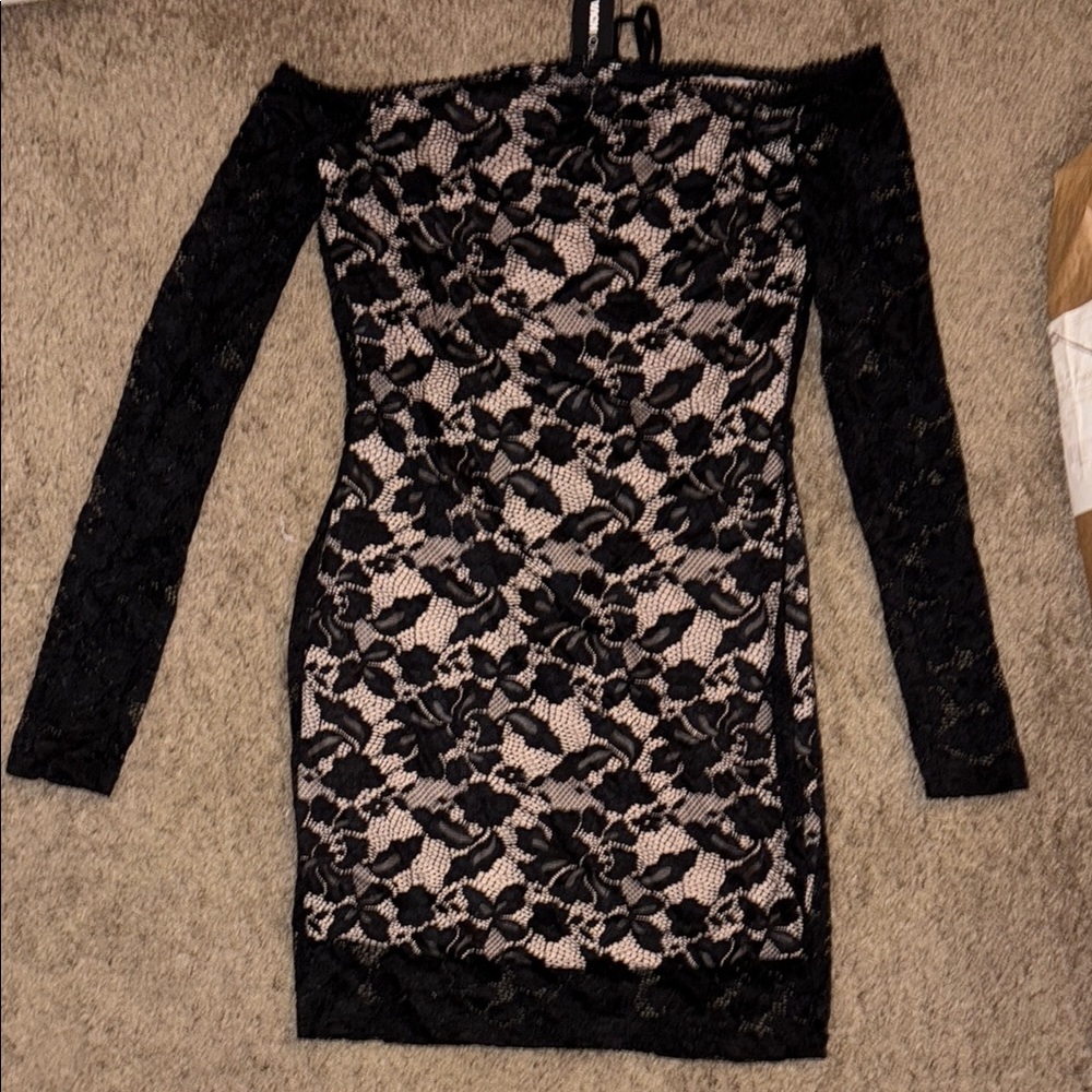 Fashion Nova Black Tan Off Shoulder Bodycon Dress